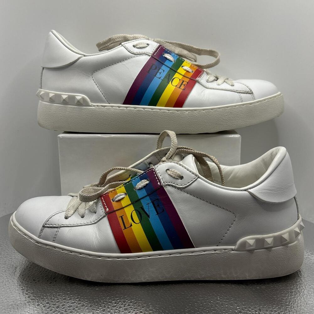 Valentino Garavani Open Rainbow/White Rockstud Sneakers Peace Love Womens 37.5